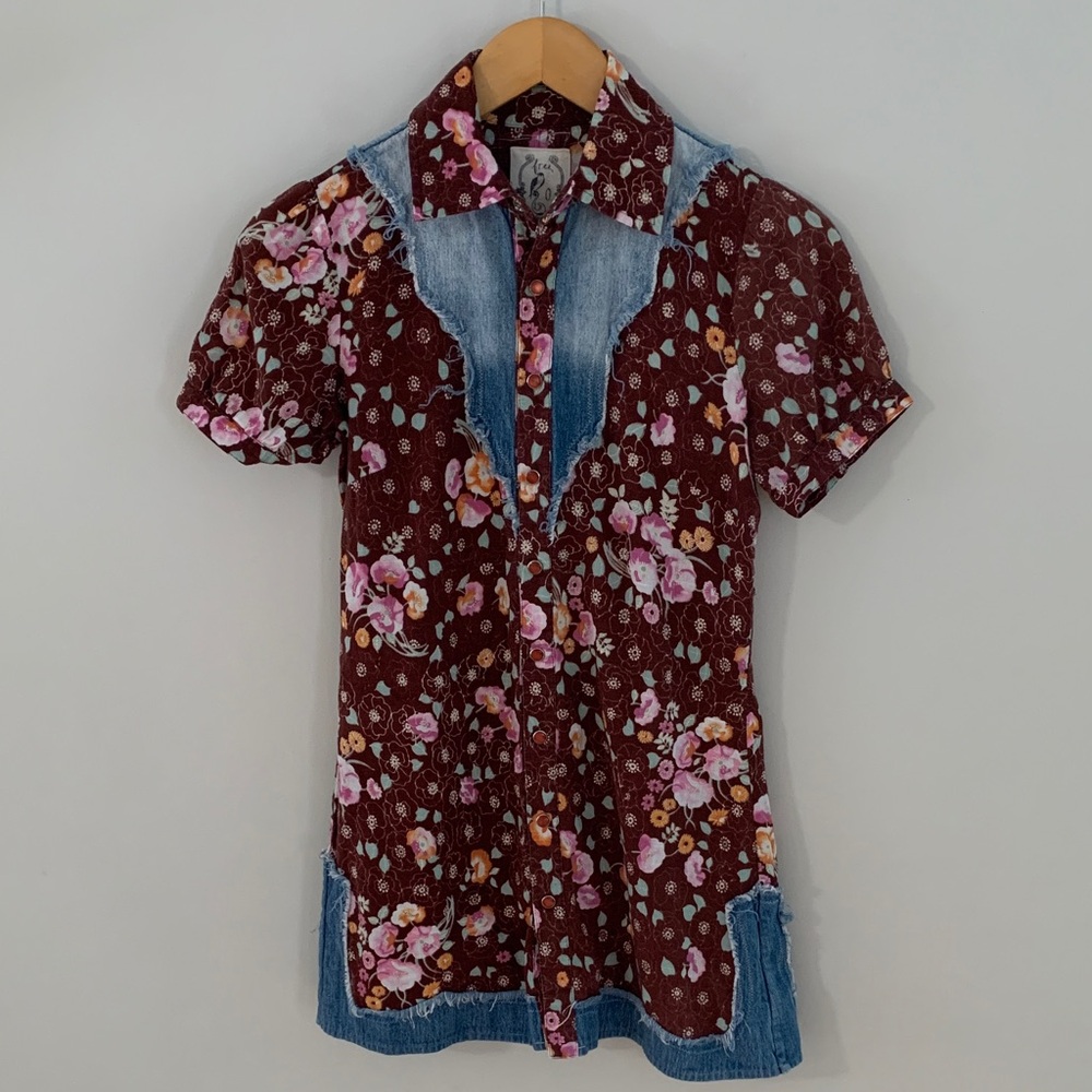 Free People Maroon Floral Denim-Trim Short Sleeve Dress